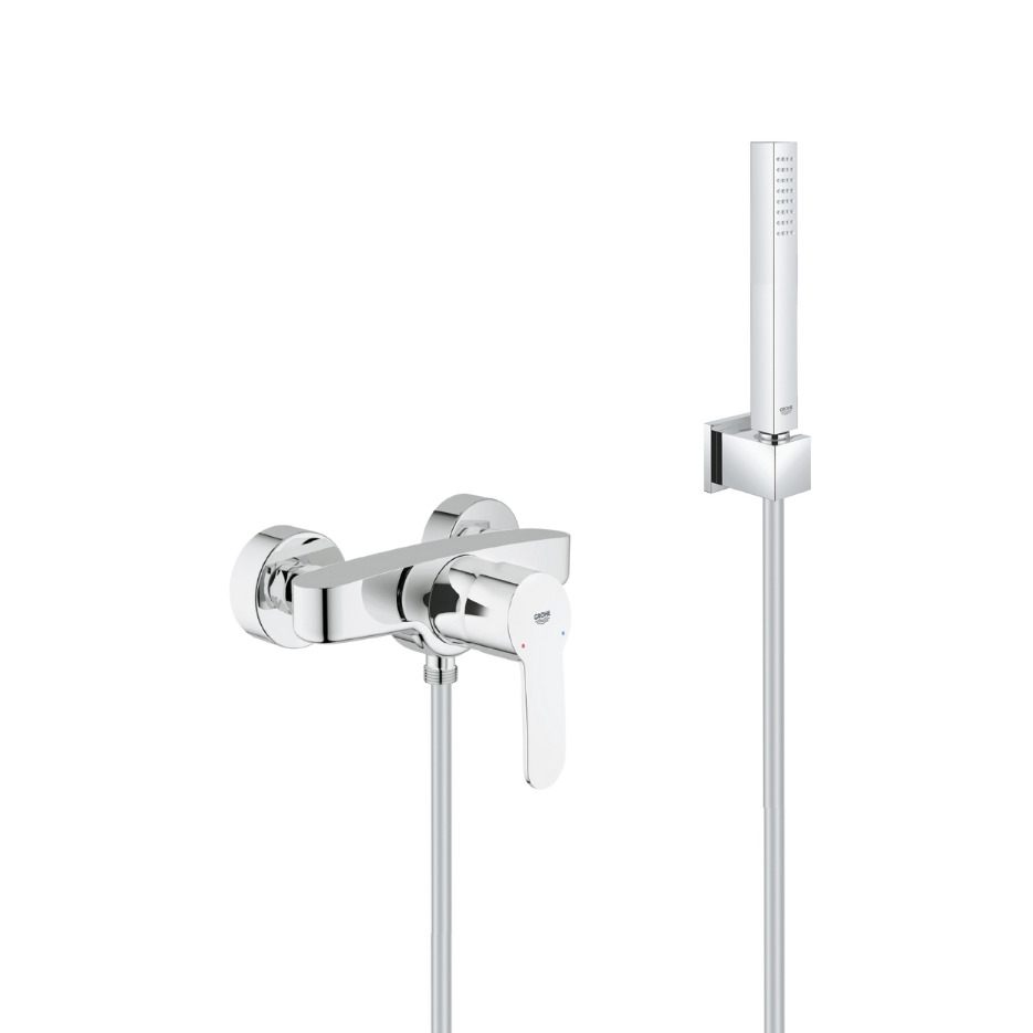 Duschset Einhebelmischer Eurostyle + Handbrause Stick 1 Strahl, Wandhalter, Schlauch, Chrom (33590002-cubestick) - Grohe
