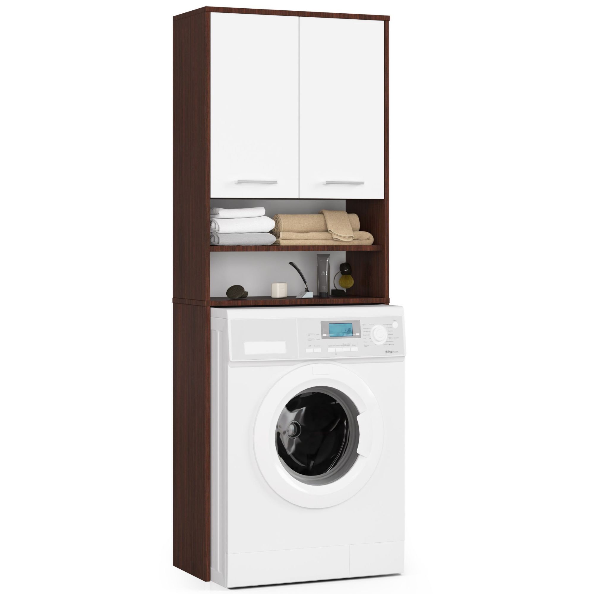 Waschmaschinenschrank Akord Fin Badschrank Wenge 64 Cm Breit 2 Türen 4 Ebenen Front Weiß B64 X H180 X T30 Cm