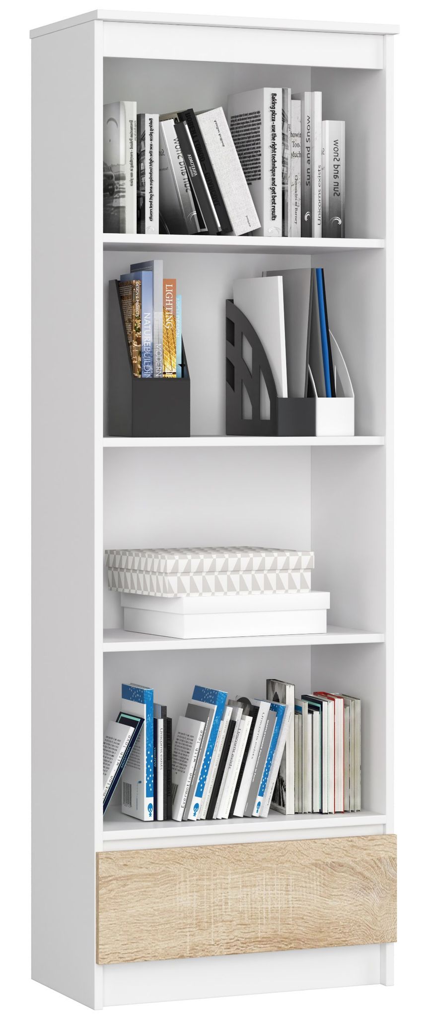 Büroregal Akord R60 Büro-bücherregal Weiß 60 Cm Schublade 4 Ebenen Front Sonoma-eiche B60 X H180 X T35 Cm