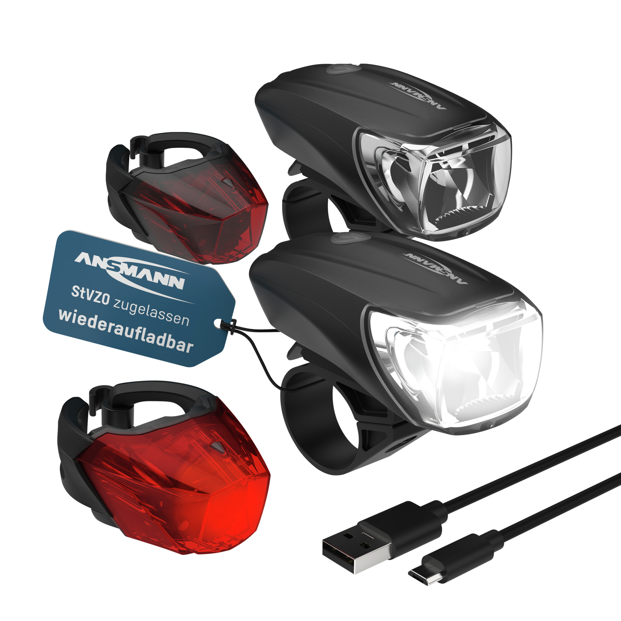 Ansmann Fahrradbeleuchtung 2 Sets Stvzo, Aufladbar, Vorderlicht & Rücklicht