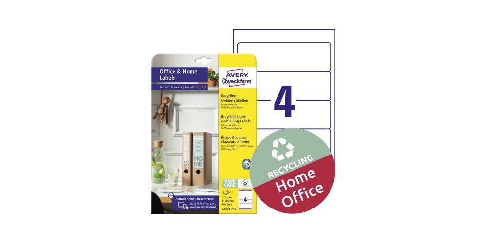 Avery Zweckform Lr4761-10 Recycling Ordner-etiketten, Home Office, Kleinpackung, A4, 61 X 192 Mm, 10 Bogen/40 Etiketten, Naturweiß