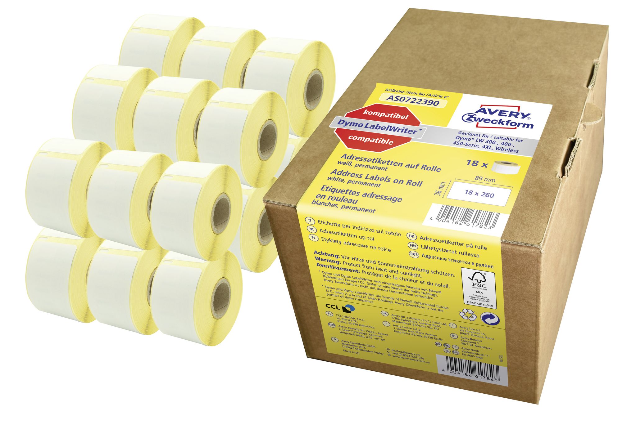 Avery Zweckform As0722390 Rollen-etiketten, Adressaufkleber, 36 X 89 Mm, 18 Rolle/4.680 Etiketten, Weiß