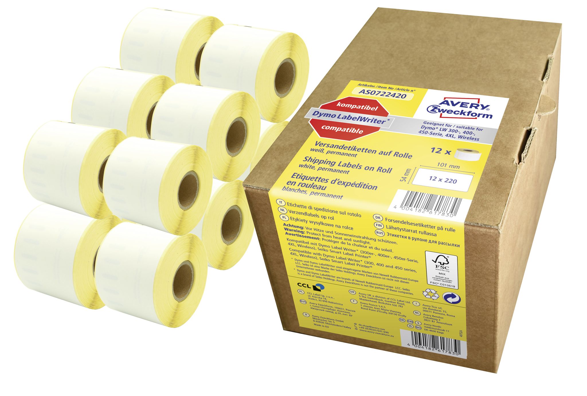 Avery Zweckform As0722420 Rollen-etiketten, Paketaufkleber, 54 X 101 Mm, 12 Rolle/2.640 Etiketten, Weiß