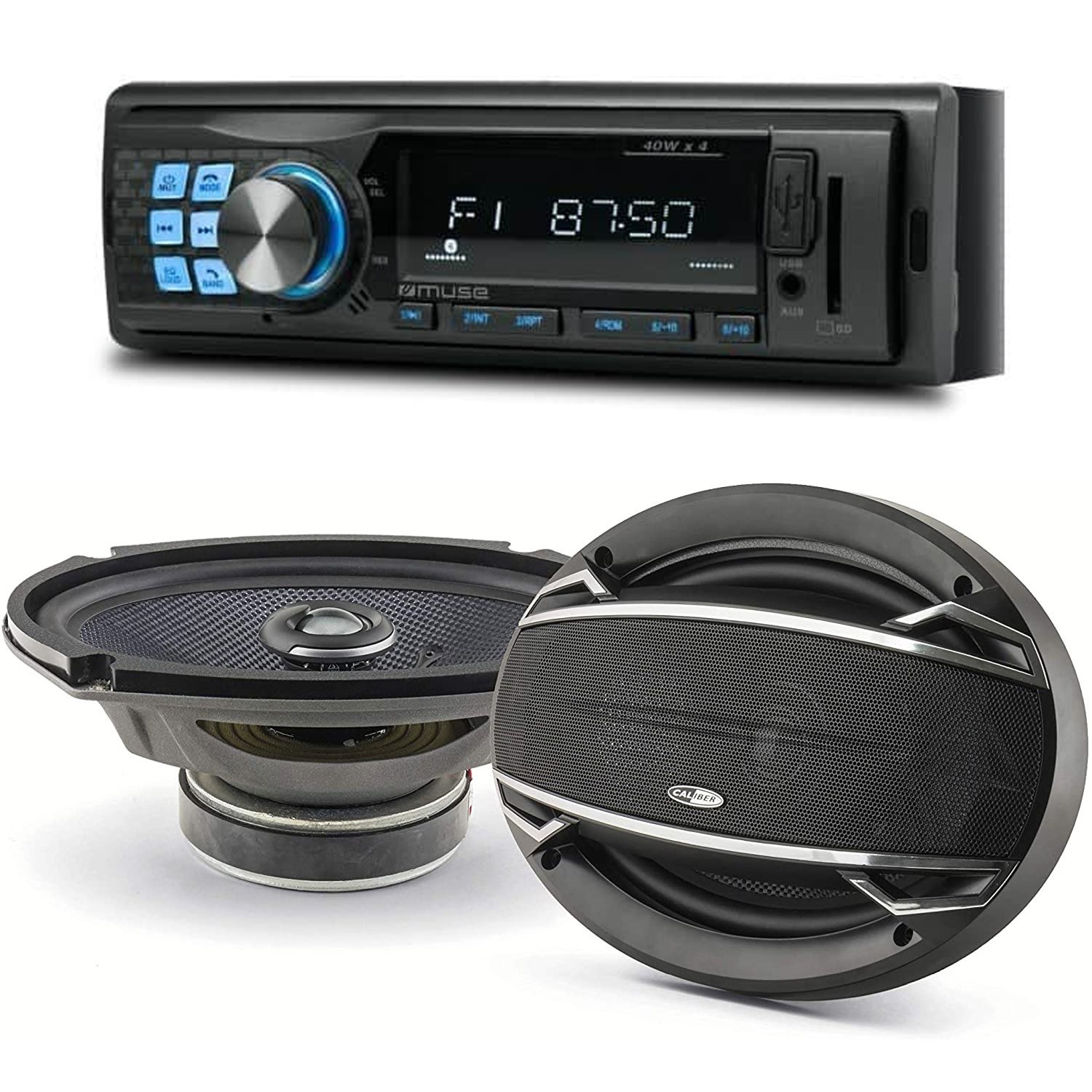 Pack Sono Voiture Autoradio M-195bt + 2 Haut Parleurs Ovales 6x9" Caliber 180w