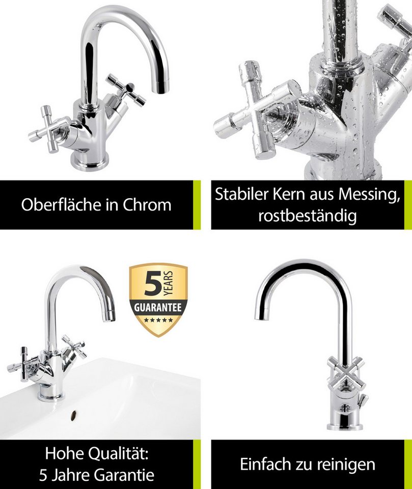 'aquasu® Waschbeckenarmatur Sydney, Zweigriffmischer Mit Wasserspar-mischdüse, Vintage Waschtischarmatur, Keramik-innenteil, Standard-befestigung, Messingkern, Verchromt, 795777 Bild 2