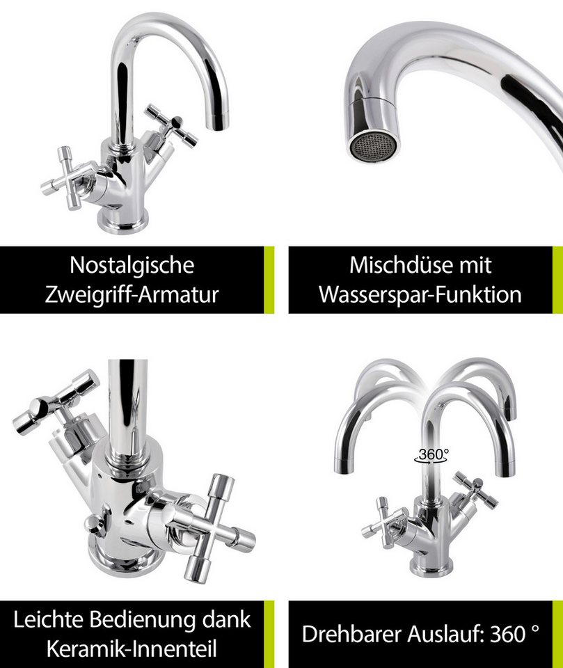 'aquasu® Waschbeckenarmatur Sydney, Zweigriffmischer Mit Wasserspar-mischdüse, Vintage Waschtischarmatur, Keramik-innenteil, Standard-befestigung, Messingkern, Verchromt, 795777 Bild 4