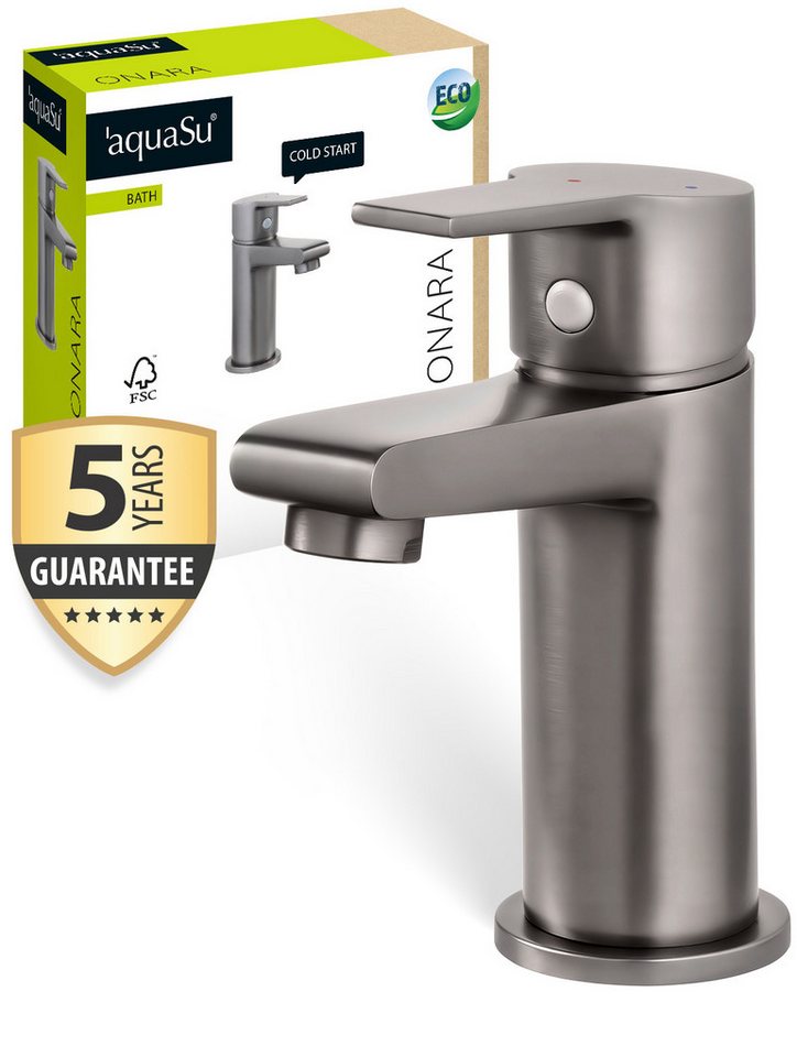 'aquasu® Waschtischarmatur Onara, Mit Wasserspar-kartusche, Kosten-sparende Kaltwassermittelstellung, Pop-up-ventil, Keramikkartusche, Standard-montage, Messingkern, Industrial, 798662 Bild 2