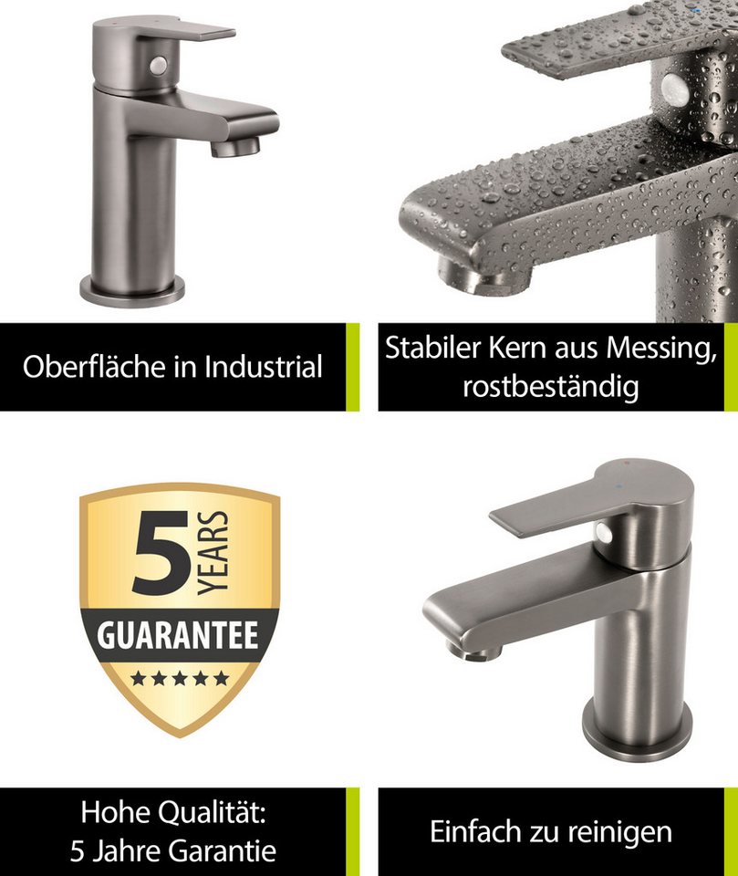 'aquasu® Waschtischarmatur Onara, Mit Wasserspar-kartusche, Kosten-sparende Kaltwassermittelstellung, Pop-up-ventil, Keramikkartusche, Standard-montage, Messingkern, Industrial, 798662 Bild 3