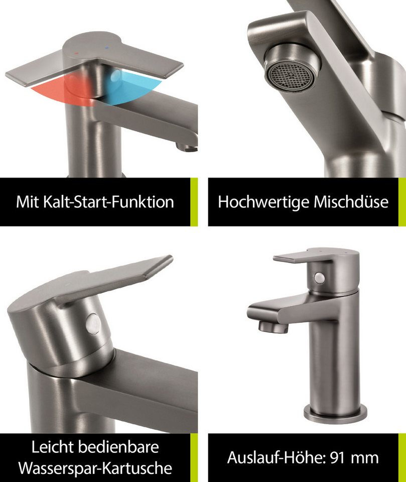 'aquasu® Waschtischarmatur Onara, Mit Wasserspar-kartusche, Kosten-sparende Kaltwassermittelstellung, Pop-up-ventil, Keramikkartusche, Standard-montage, Messingkern, Industrial, 798662 Bild 5