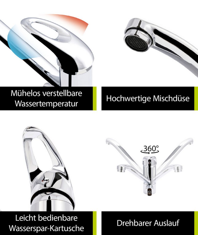 'aquasu® Spültischarmatur Mit Geräteanschluss Concordia, Einhebelmischer Mit Wasserspar-kartusche, Wasserhahn Für Spüle, Auslauf Schwenkbar, Standard-befestigung, Messingkern, Chrom, 796019