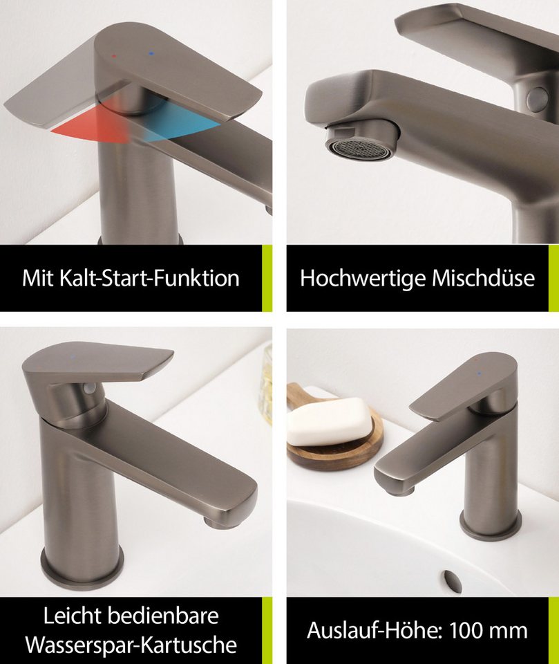 'aquasu® Waschtischarmatur Morti, Mit Wasserspar-kartusche, Kosten-sparende Kaltwassermittelstellung, Pop-up-ventil, Keramikkartusche, Standard-montage, Messingkern, Industrial, 798785 Bild 4