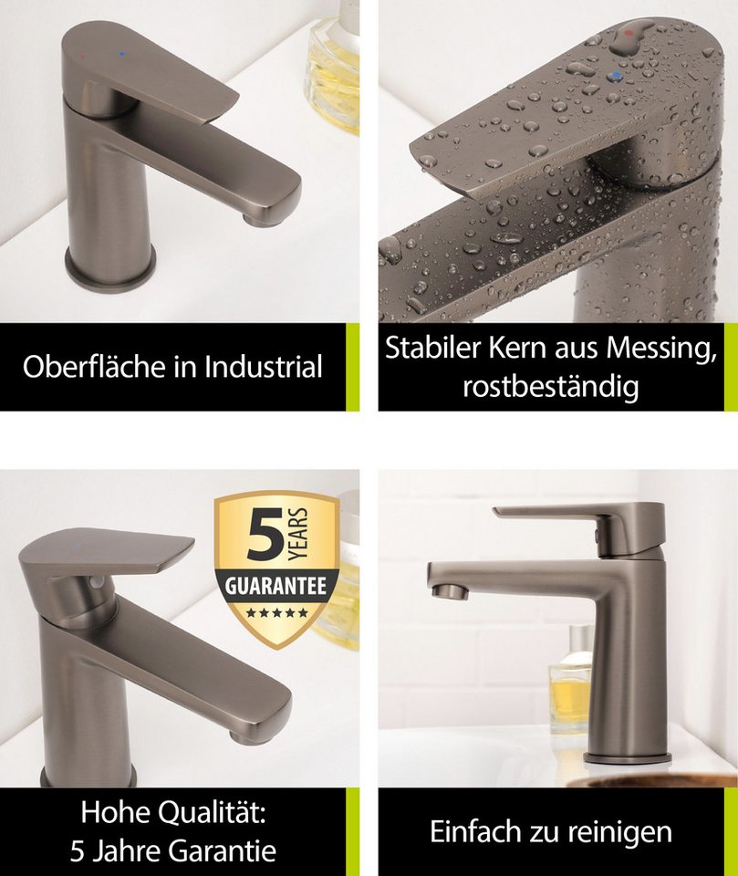 'aquasu® Waschtischarmatur Morti, Mit Wasserspar-kartusche, Kosten-sparende Kaltwassermittelstellung, Pop-up-ventil, Keramikkartusche, Standard-montage, Messingkern, Industrial, 798785 Bild 5