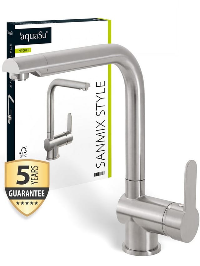 'aquasu® Niederdruck Spültischarmatur Sanmix Style, Für Boiler Oder Warmwasseranschluss, Hoher Auslauf, Keramikkartusche, Leichte Schaftbefestigung, Messingkern, Edelstahl, 797818