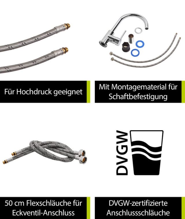 'aquasu® Spültischarmatur Kira Mit Wasserspar-kartusche, Kosten-sparende Kaltwassermittelstellung, Hoher Auslauf, Keramikkartusche, Schaftbefestigung, Messingkern, Verchromt, 797900
