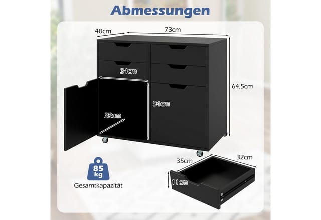 Costway Rollcontainer 4 Schubladen 2 Türen Din A4 Schwarz