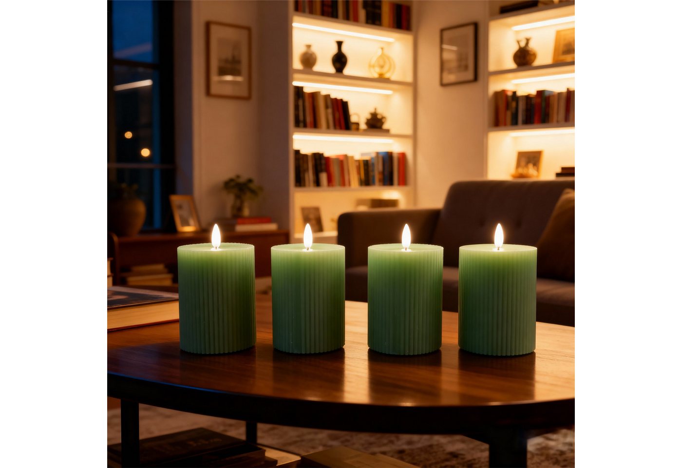 Relaxdays LED Kerzen 4er Set Echtwachs Salbei Flammenlos Flackernd 13 cm x 7,5 cm