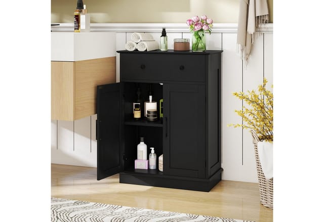 Costway Badezimmerschrank Badschrank mit Türen & Verstellbarem Regal Schwarz