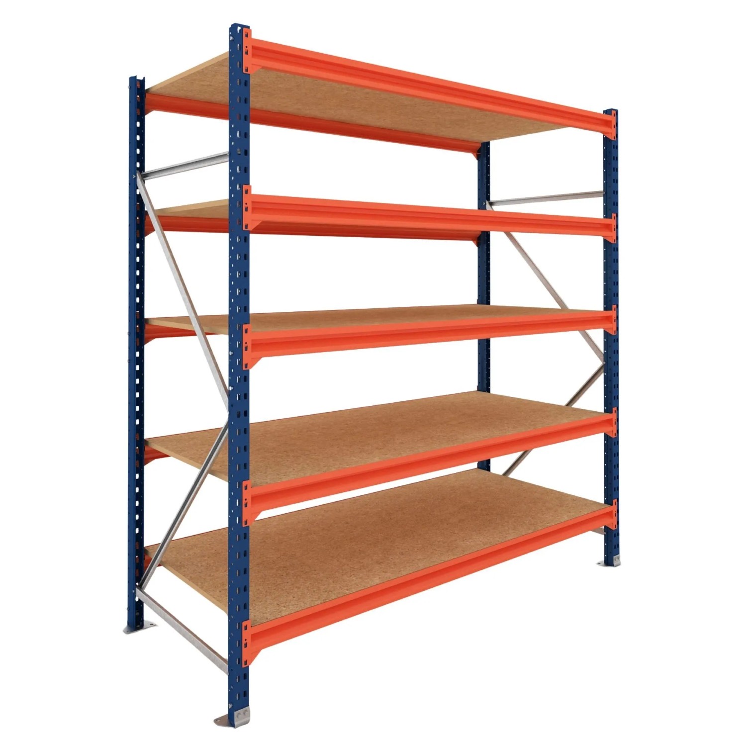 PROREGAL Weitspannregal Schwerlastregal DOMINUS Grundregal 250x150x40cm 5 Ebenen Spanplatten-Fachboden Fachlast 500 kg Blau/Orange