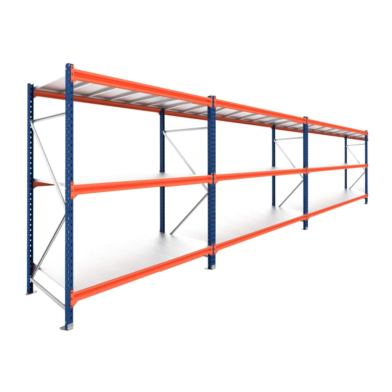 PROREGAL Weitspannregal Schwerlastregal DOMINUS Komplettregal 3 Felder 200x585x100cm 3 Ebenen Stahlplatten-Fachboden Fachlast 350 kg Blau/Orange