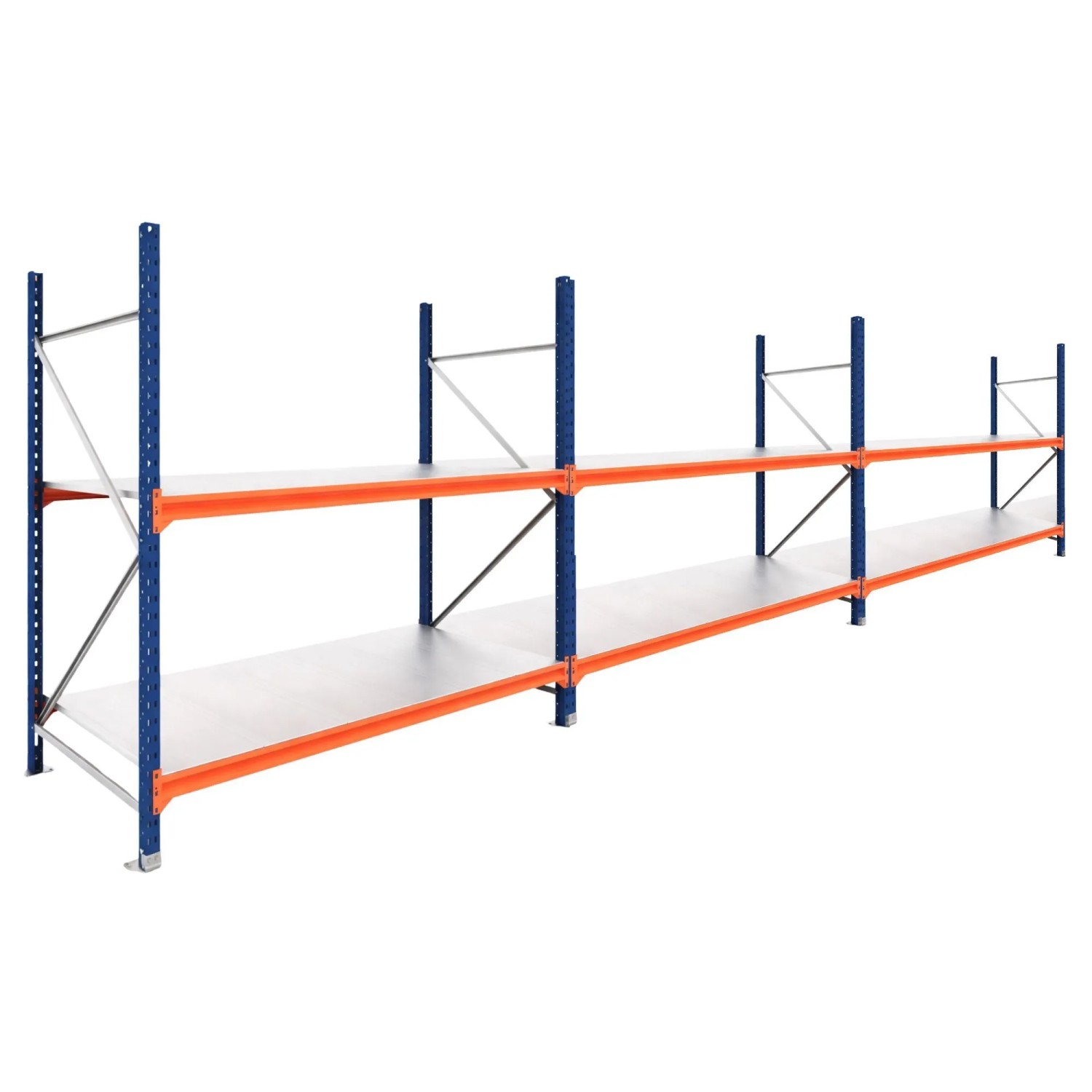 PROREGAL Weitspannregal Schwerlastregal DOMINUS Komplettregal 3 Felder 200x720x40cm 2 Ebenen Stahlplatten-Fachboden Fachlast 332 kg Blau/Orange