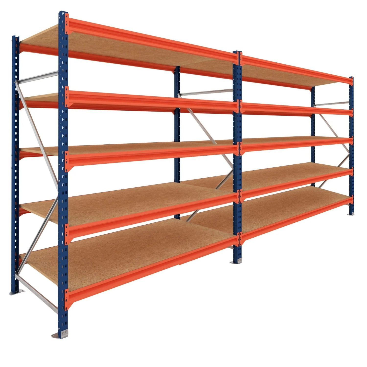 PROREGAL Weitspannregal Schwerlastregal DOMINUS Komplettregal 2 Felder 200x480x60cm 5 Ebenen Spanplatten-Fachboden Fachlast 332 kg Blau/Orange