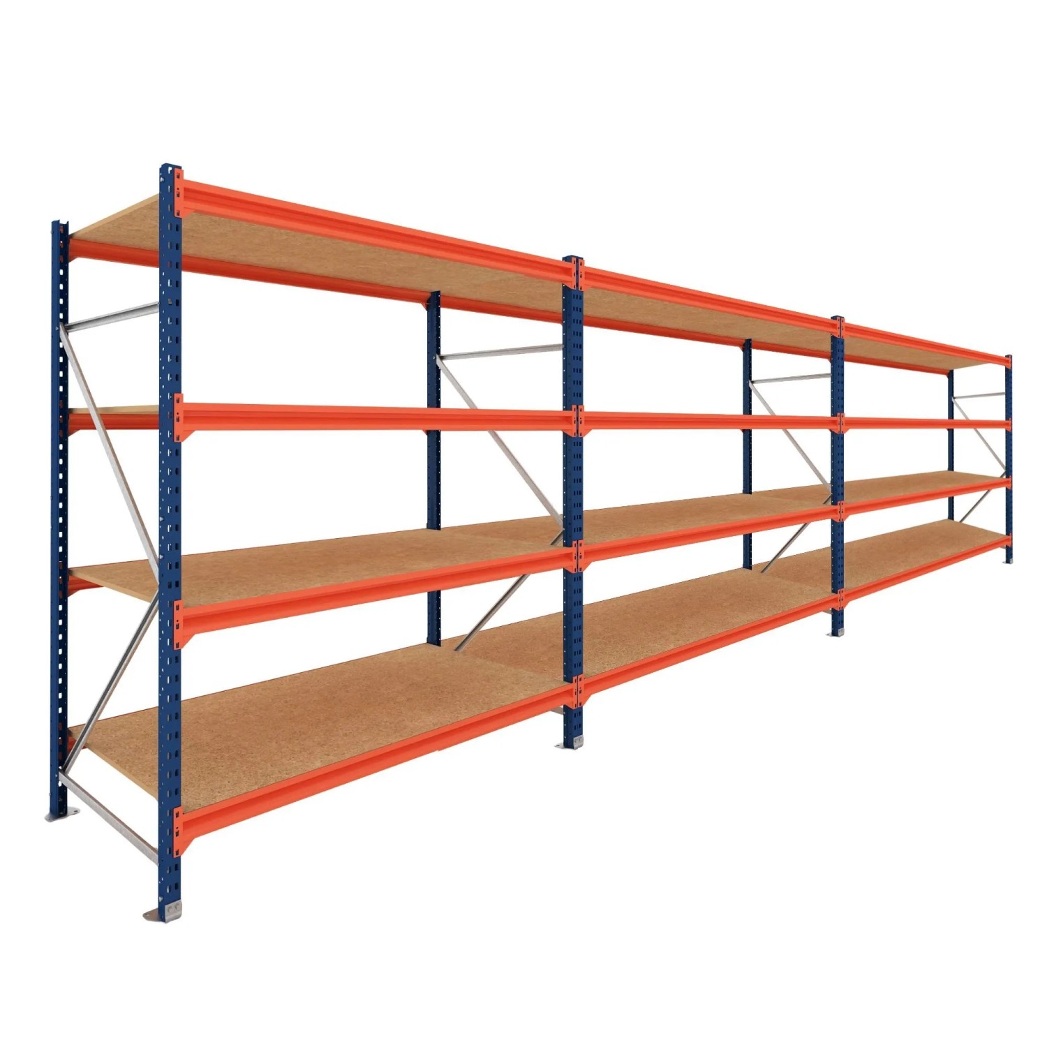 PROREGAL Weitspannregal Schwerlastregal DOMINUS Komplettregal 3 Felder 250x720x100cm 4 Ebenen Spanplatten-Fachboden Fachlast 332 kg Blau/Orange