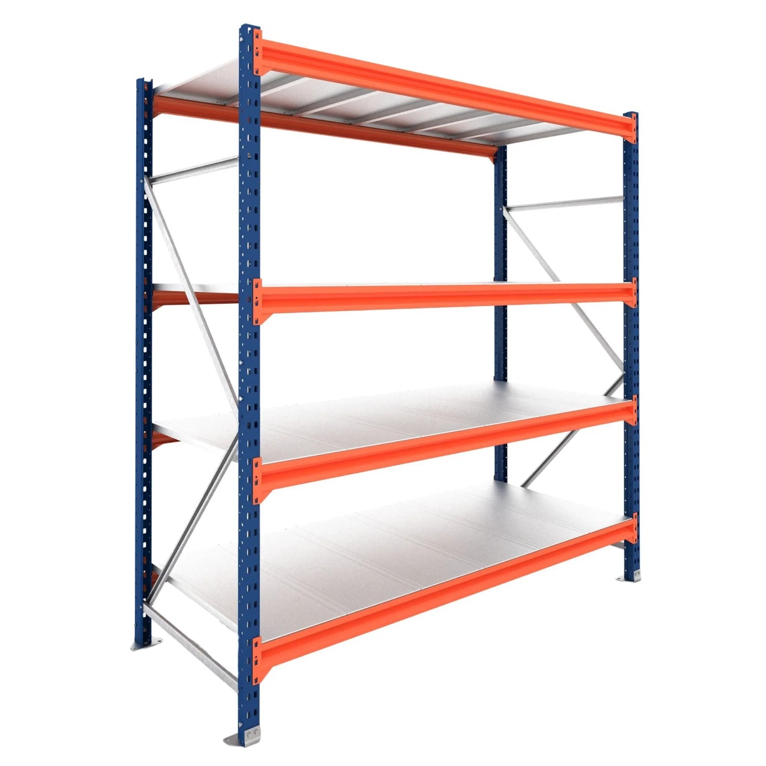 PROREGAL Weitspannregal Schwerlastregal DOMINUS Grundregal 200x195x40cm 4 Ebenen Stahlplatten-Fachboden Fachlast 350 kg Blau/Orange