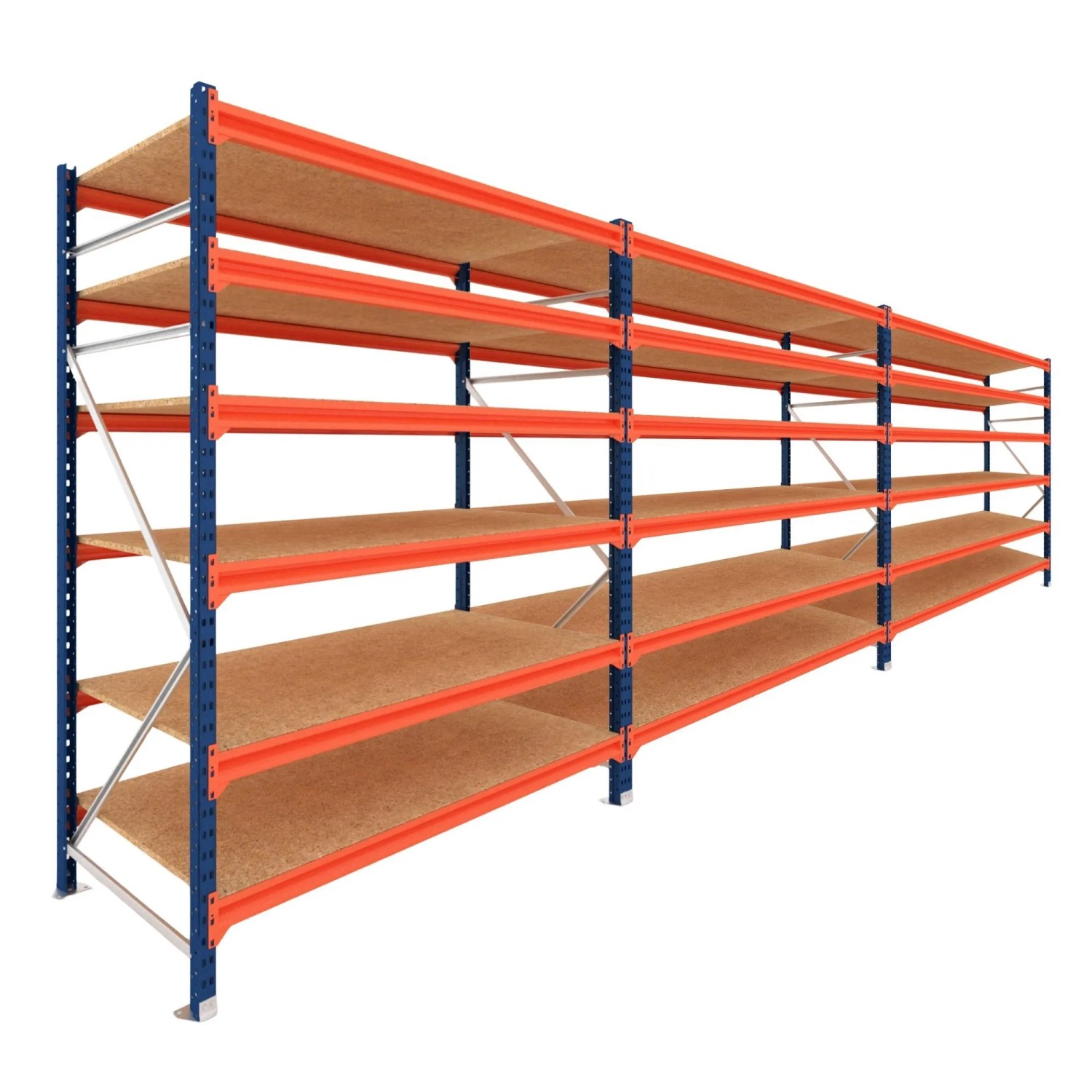PROREGAL Weitspannregal Schwerlastregal DOMINUS Komplettregal 3 Felder 200x720x100cm 6 Ebenen Spanplatten-Fachboden Fachlast 332 kg Blau/Orange