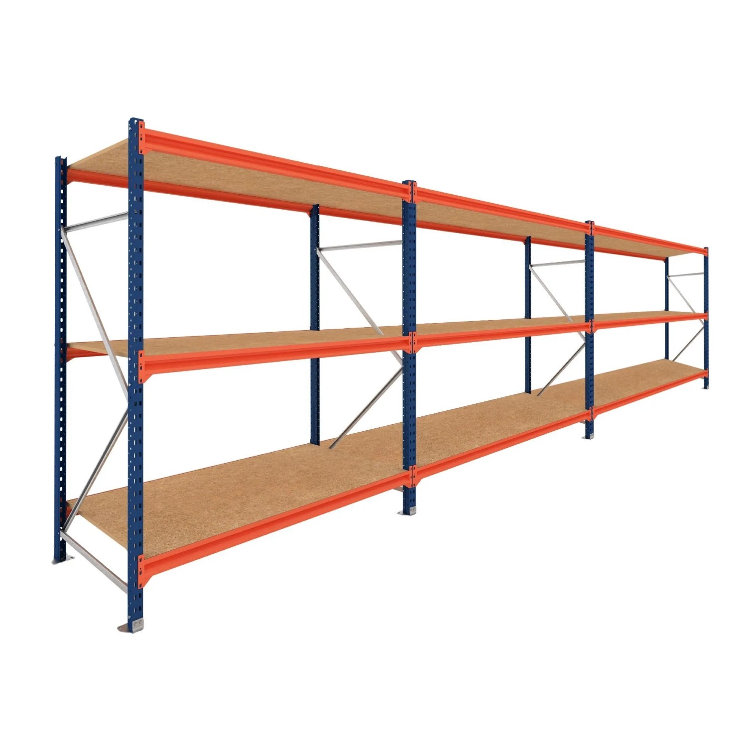 PROREGAL Weitspannregal Schwerlastregal DOMINUS Komplettregal 3 Felder 200x450x100cm 3 Ebenen Spanplatten-Fachboden Fachlast 500 kg Blau/Orange
