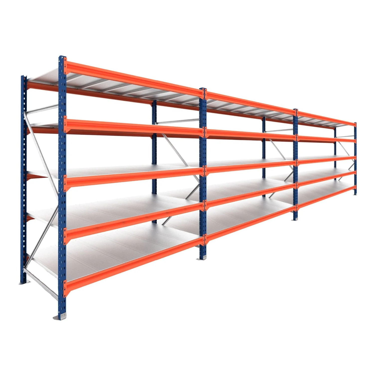 PROREGAL Weitspannregal Schwerlastregal DOMINUS Komplettregal 3 Felder 250x585x80cm 5 Ebenen Stahlplatten-Fachboden Fachlast 350 kg Blau/Orange