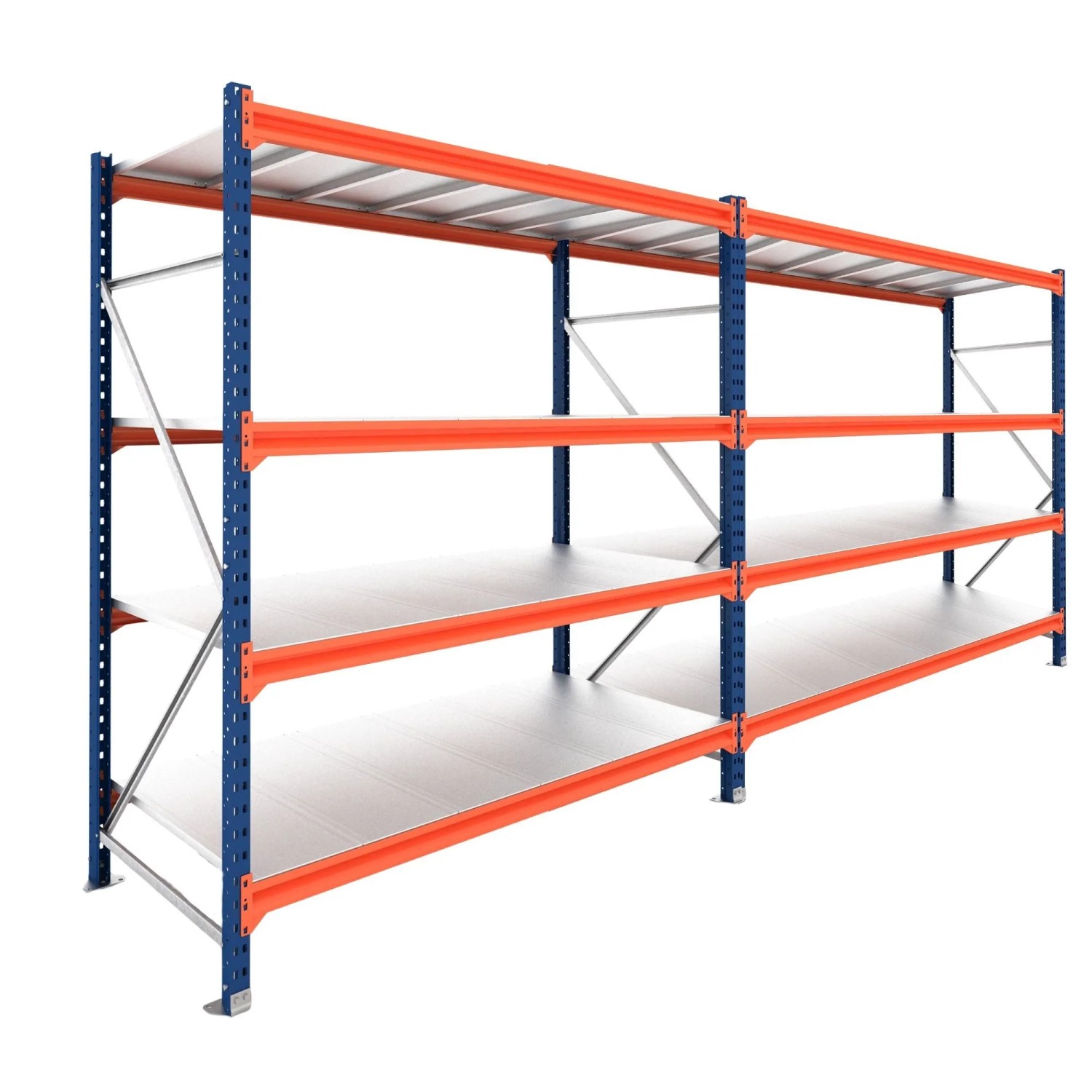 PROREGAL Weitspannregal Schwerlastregal DOMINUS Komplettregal 2 Felder 200x300x40cm 4 Ebenen Stahlplatten-Fachboden Fachlast 500 kg Blau/Orange
