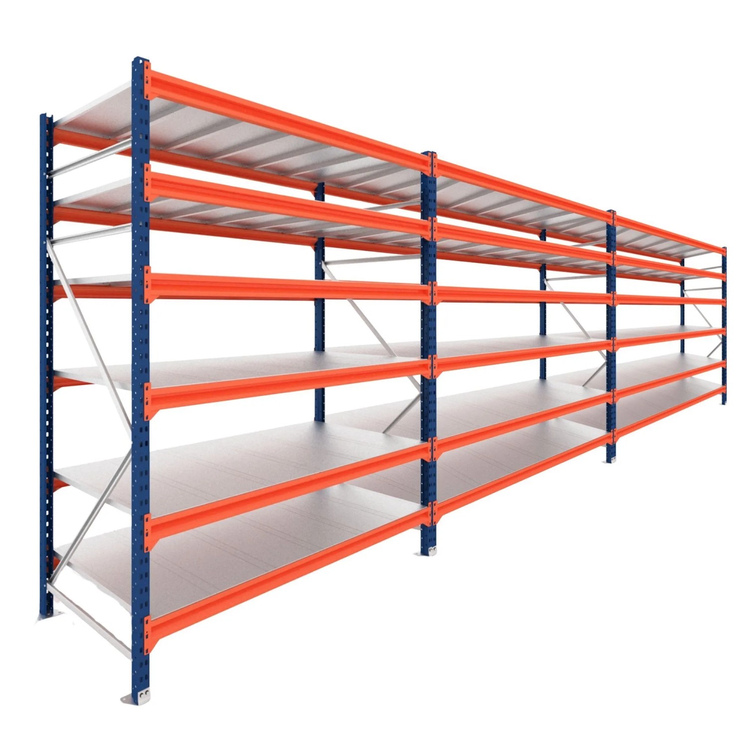 PROREGAL Weitspannregal Schwerlastregal DOMINUS Komplettregal 3 Felder 250x450x80cm 6 Ebenen Stahlplatten-Fachboden Fachlast 500 kg Blau/Orange