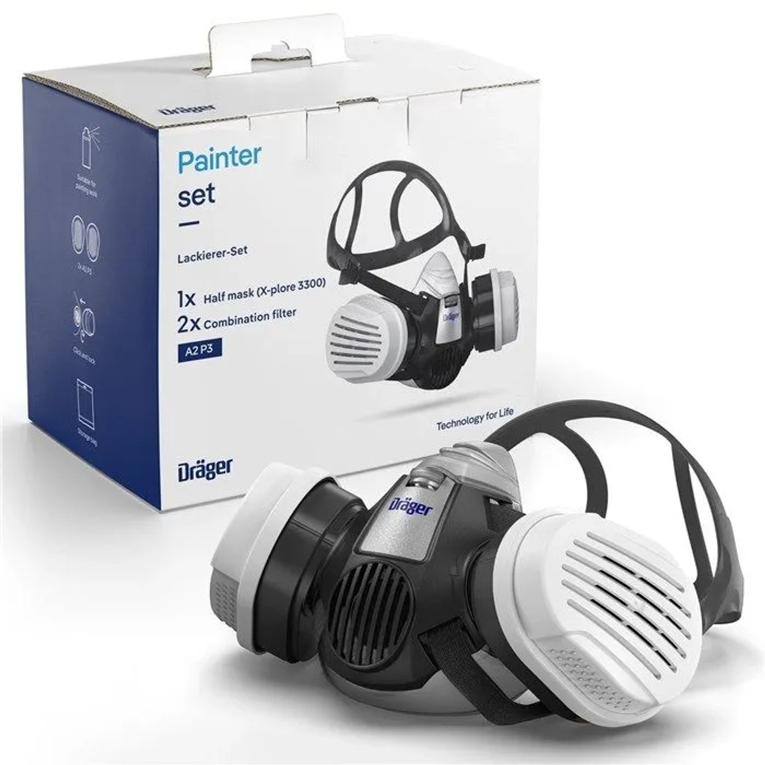 Dräger Atemschutzmaske Halbmaske X-plore 3300 A2 P3 Lackierermaske und Staubmaske m Schwarz-grau