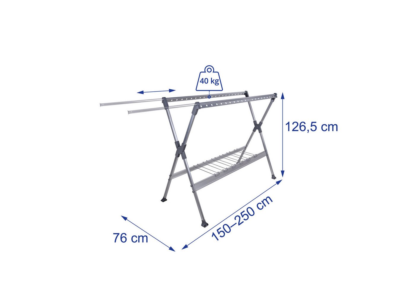 Relaxdays Wäscheständer Aluminium Silber Ausziehbar Zusammenklappbar Dreibeinig 150-250 cm x 76 cm x 126,5 cm 4,14 kg