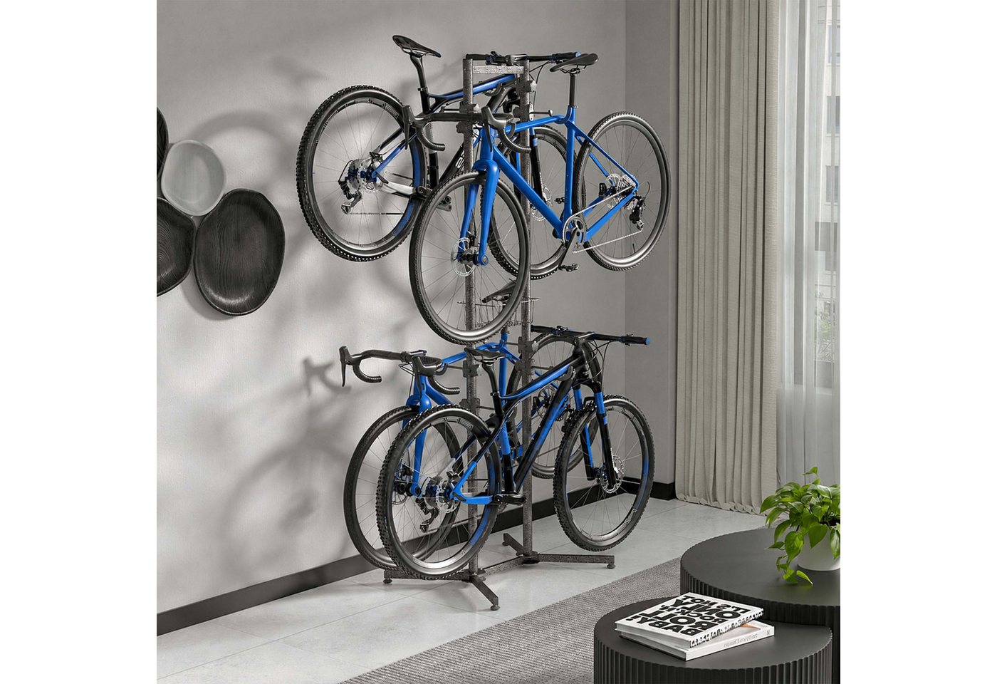 Relaxdays Fahrradständer Stahl Freistehend mit Korb 4er 210 cm x 61 cm x 75 cm