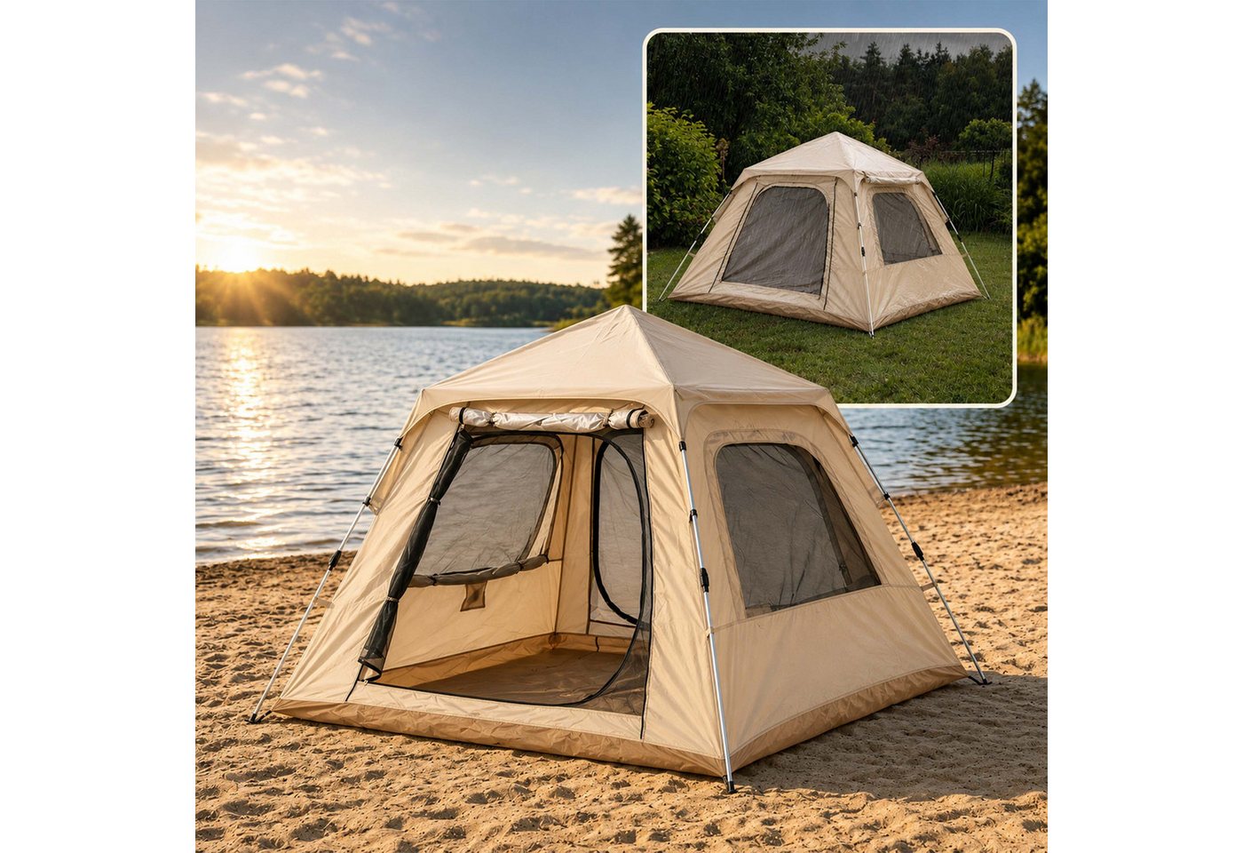 Relaxdays Campingzelt Oxford-Gewebe Beige Erdbraun 2-in-1 Schnellaufbau Abnehmbar 155 cm x 240 cm x 240 cm 6,6 kg Bild 5