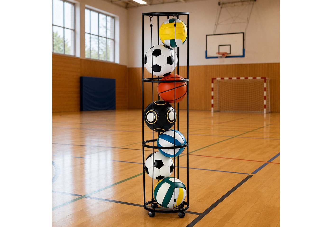 Relaxdays Ballständer Eisen Kunststoff Schwarz Mit 4 Rollen Mit Bremsen 148,5 cm x 33 cm 1,3 kg Bild 2