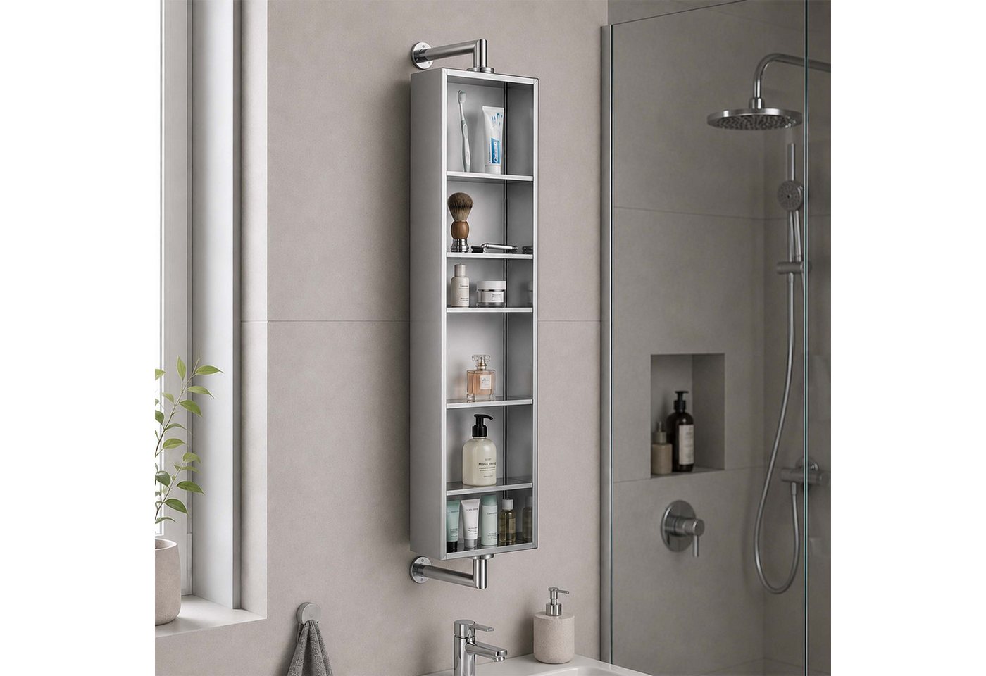 Relaxdays Spiegelschrank Edelstahl Silber Drehbar Wandmontiert 136 cm x 25 cm x 12 cm 6,1 kg