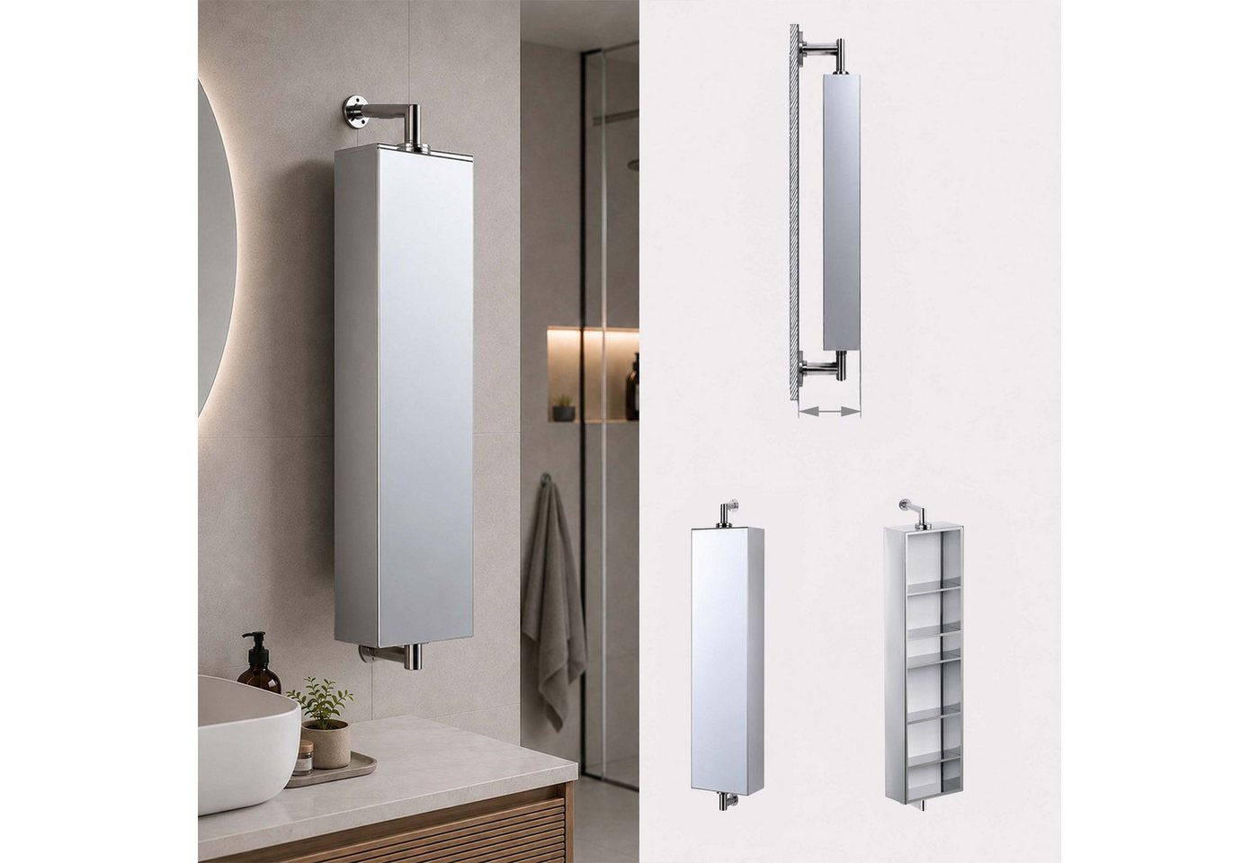 Relaxdays Spiegelschrank Edelstahl Silber Drehbar Wandmontiert 136 cm x 25 cm x 12 cm 6,1 kg Bild 3