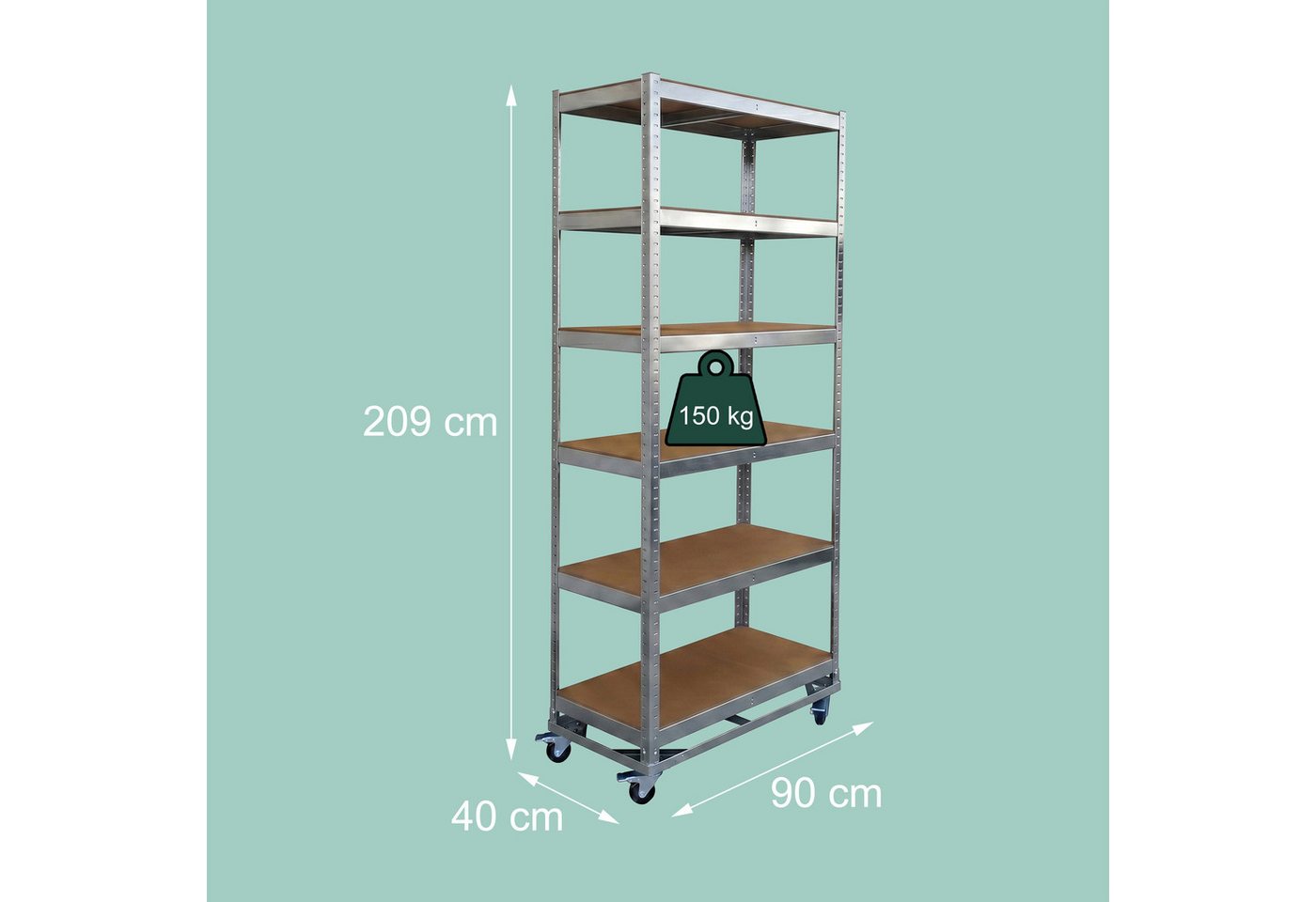 Relaxdays Schwerlastregal Stahl Silber 6-lagig mit Rollen mit Bremsen 209 cm x 90 cm x 40 cm Bild 3