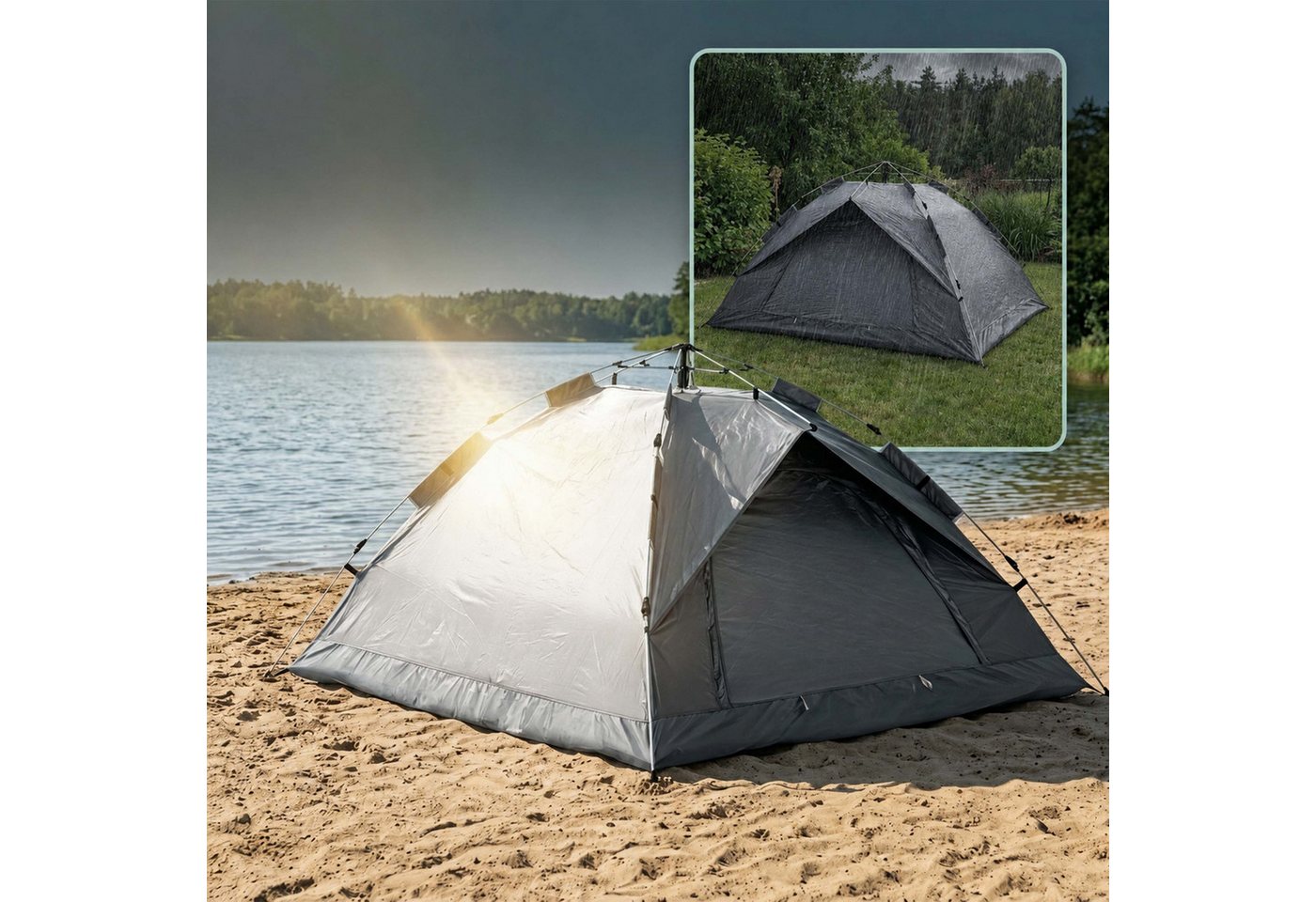 Relaxdays Campingzelt Polyester Grau Silber Schwarz Automatisch Wasserabweisend UV-Schutz mit Moskitonetz 135 cm x 200 cm x 200 cm 2.5 kg Bild 4