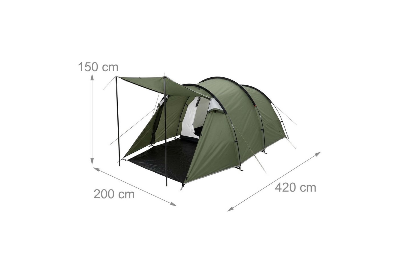 Relaxdays Tunnelzelt Polyester Grün Schwarz 2 Kammern Vorzelt Wasserdicht 150 cm x 420 cm x 200 cm 6,3 kg