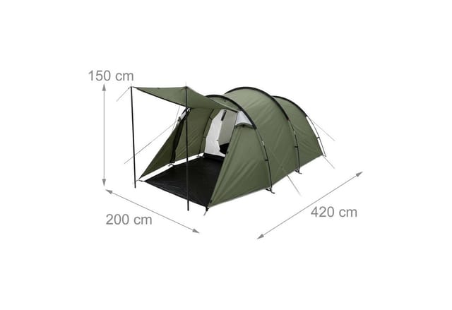 Relaxdays Tunnelzelt Polyester Grün Schwarz 2 Kammern Vorzelt Wasserdicht 150 cm x 420 cm x 200 cm 6,3 kg