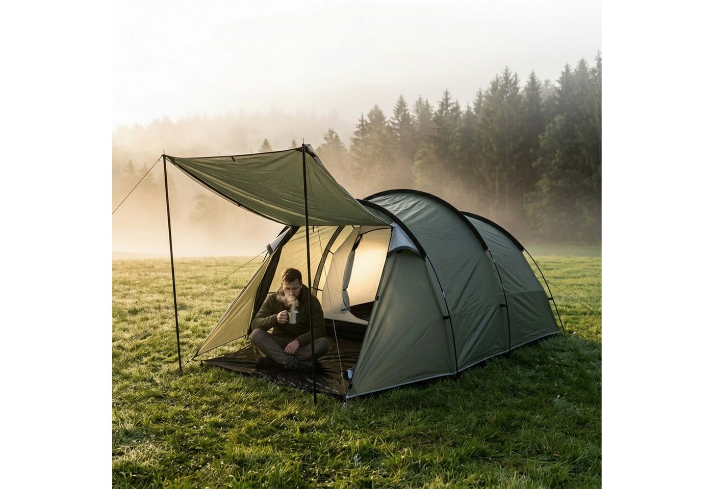 Relaxdays Tunnelzelt Polyester Grün Schwarz 2 Kammern Vorzelt Wasserdicht 150 cm x 420 cm x 200 cm 6,3 kg Bild 2