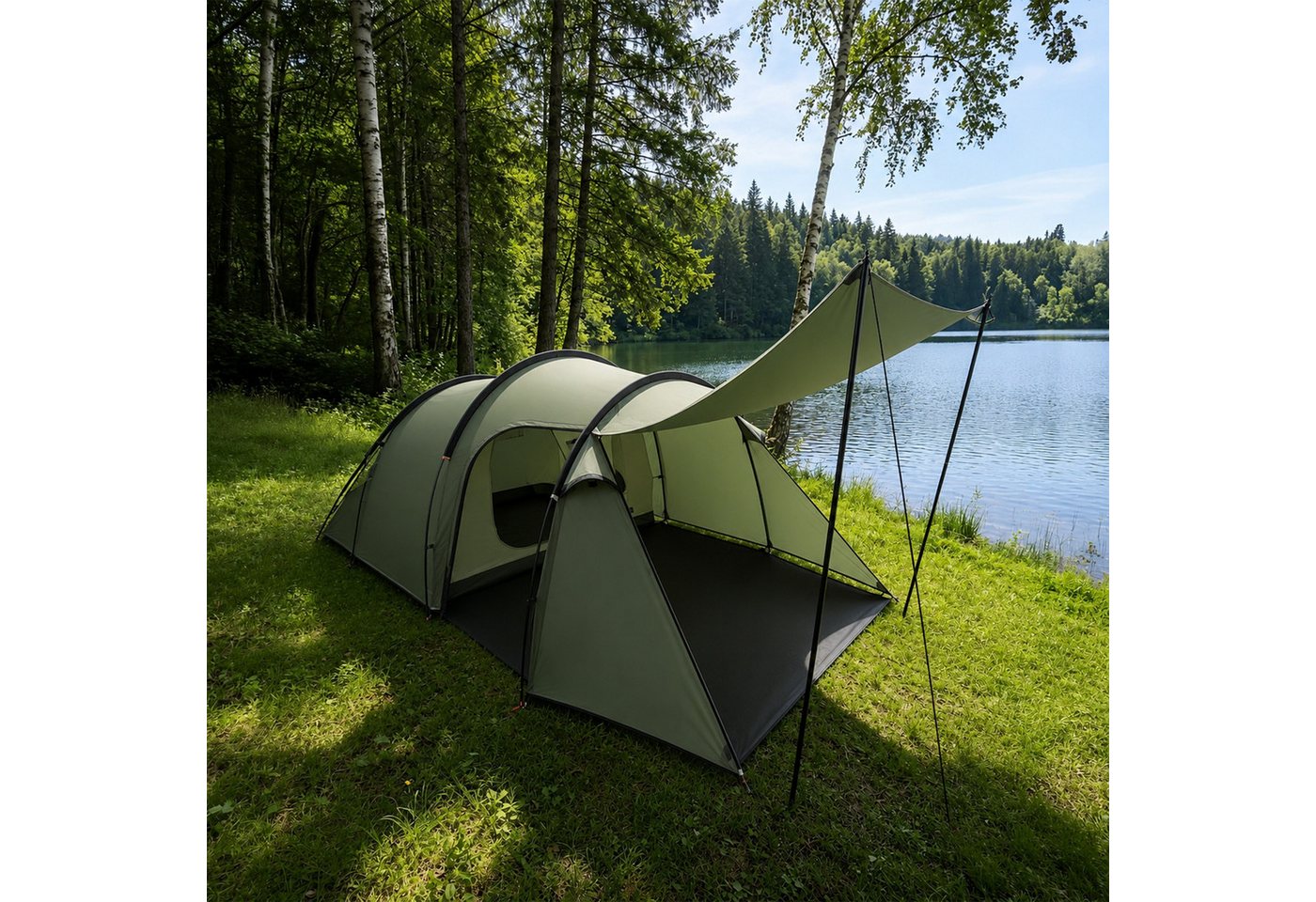Relaxdays Tunnelzelt Polyester Grün Schwarz 2 Kammern Vorzelt Wasserdicht 150 cm x 420 cm x 200 cm 6,3 kg Bild 3