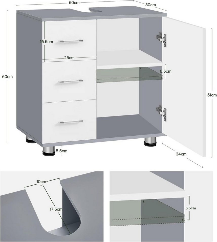 EUGAD Waschbeckenunterschrankmit 3 Schubladen 2 Fächer hinter Tür Bild 5
