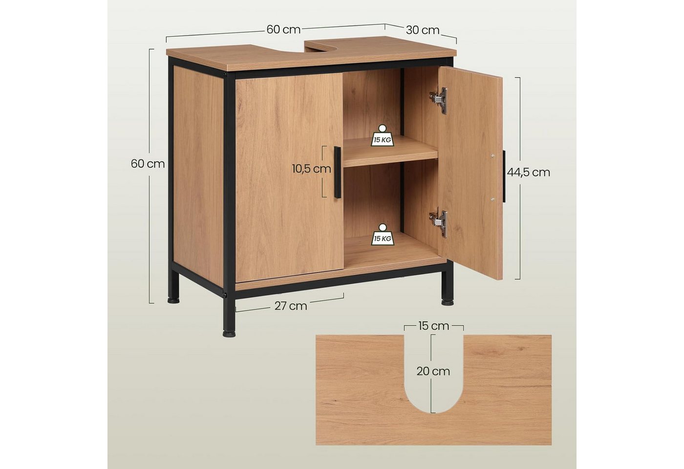 EUGAD Waschbeckenunterschrank 60 x 60 x 30 cm Schwarz mit höhenVerstellbarer Trennwand Bild 3