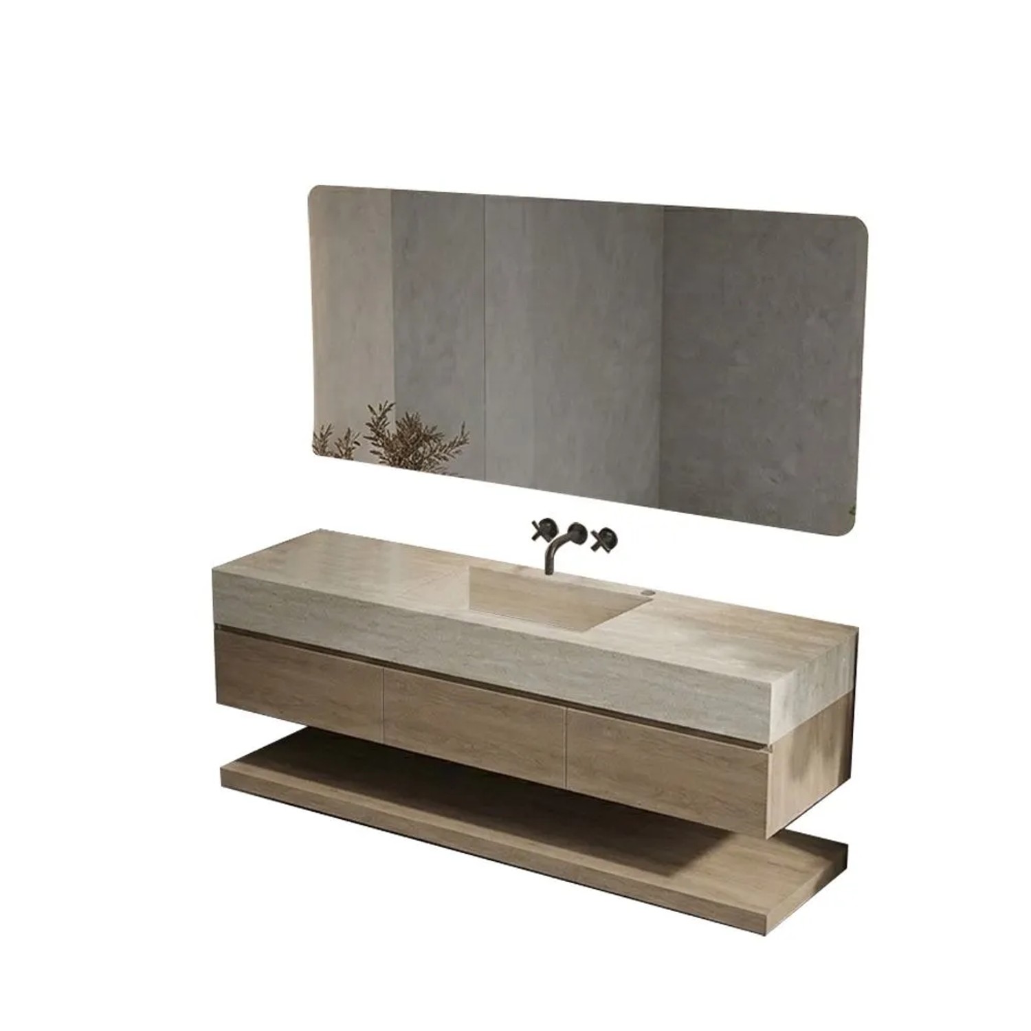 360Home Badmöbel Set Mit Sinterstein Waschbecken In Travertine Look Verdecktem Ablauf Spiegel Unterschrank Ablage Ablaufgarnitur NF1798-120BKK