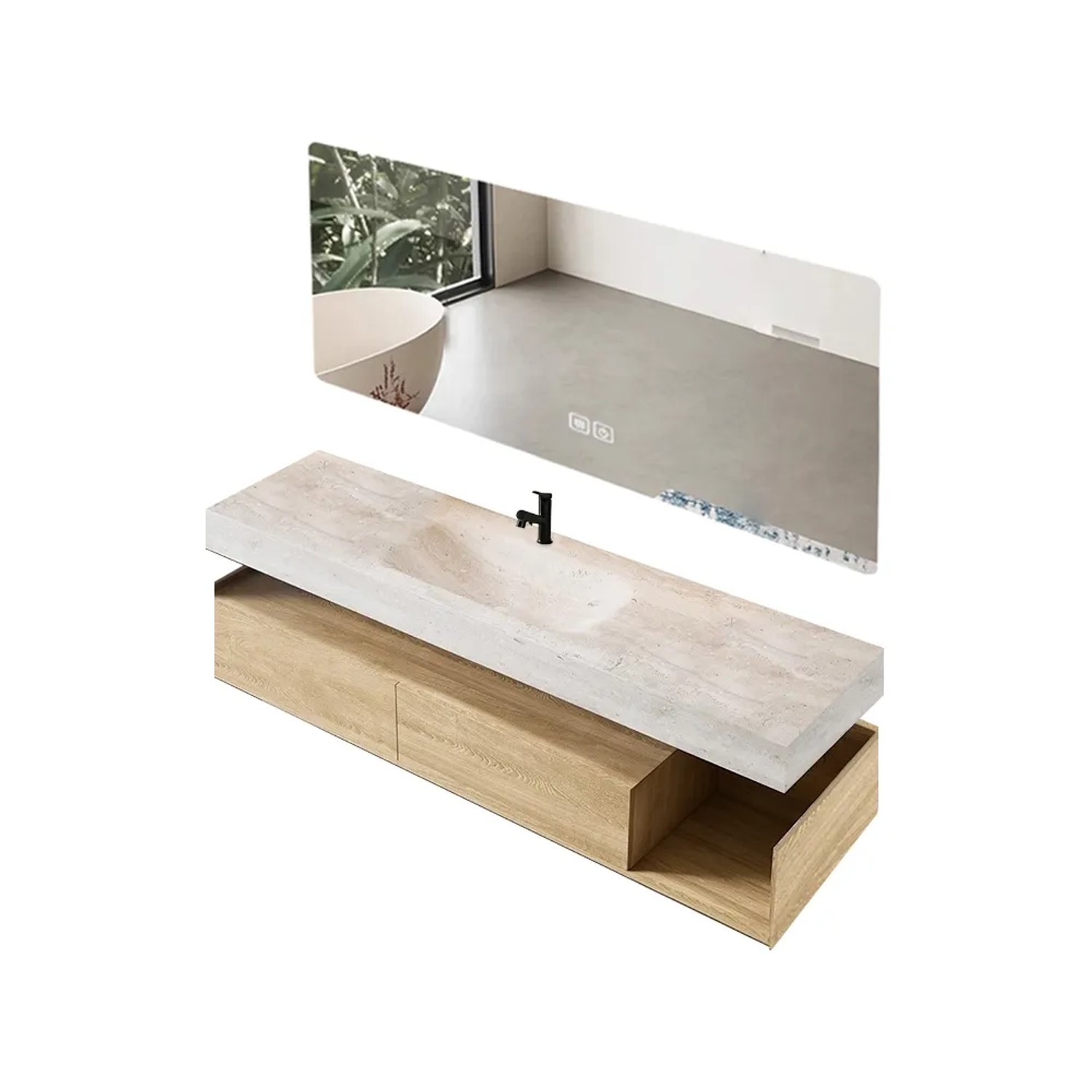 360Home Wandhängendes Badezimmermöbel Set Mit Waschbecken Sinterstein LED Spiegel Schubladenschrank Und Abflussgarnitur 120 CM RWR208120