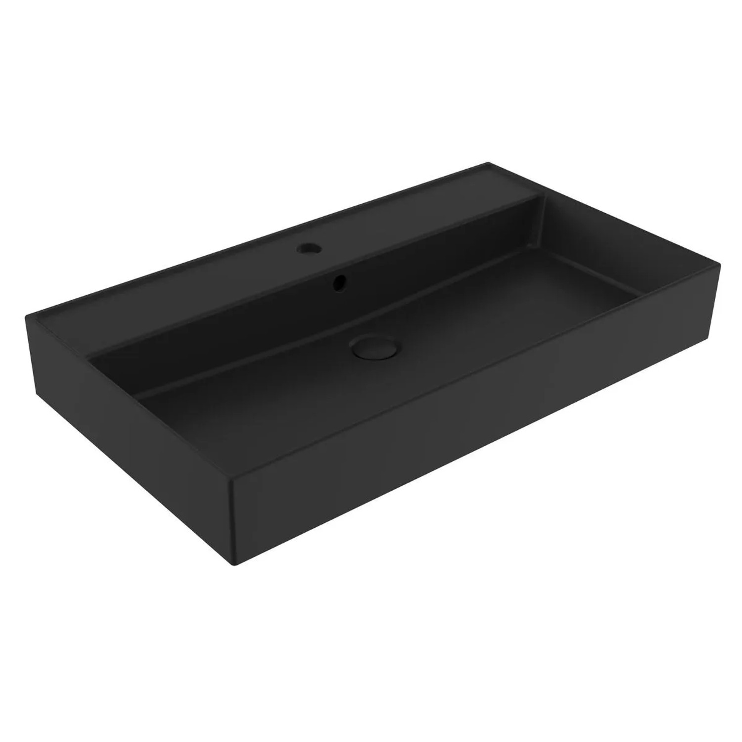 Swiss Aqua Technologies Waschbecken EDGY 80CM Eckig mit Überlauf und Mittigem Hahnloch Schwarz Matt